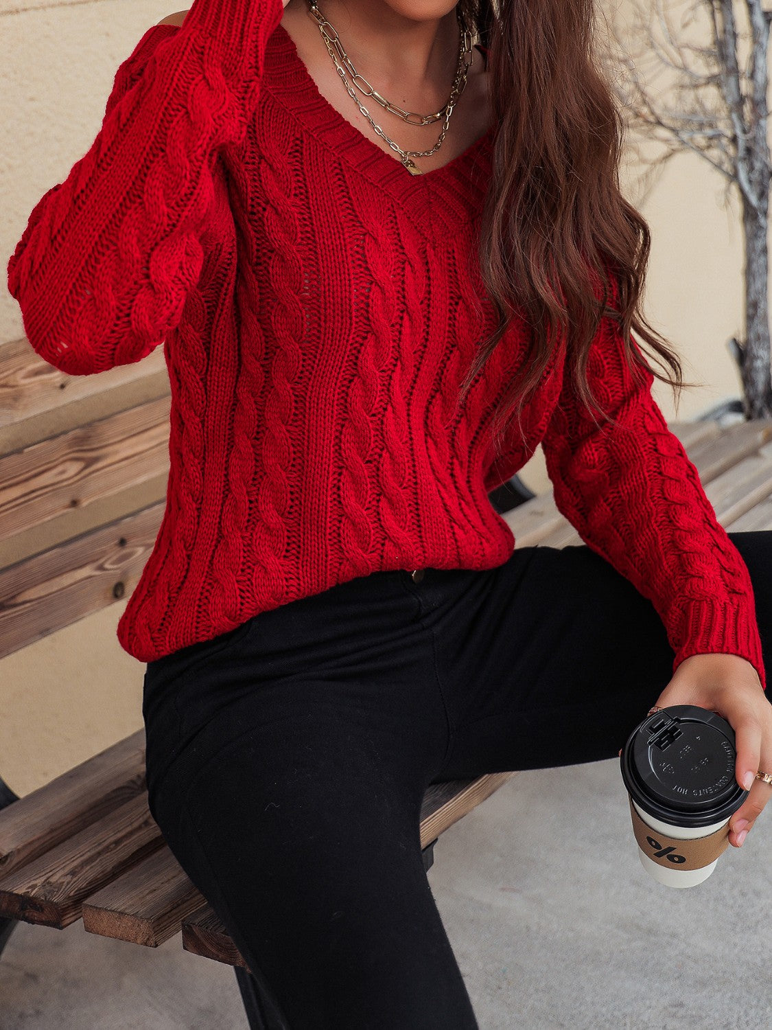 Honey Cable-Knit V-Neck Cold Shoulder Sweater - Celeste    