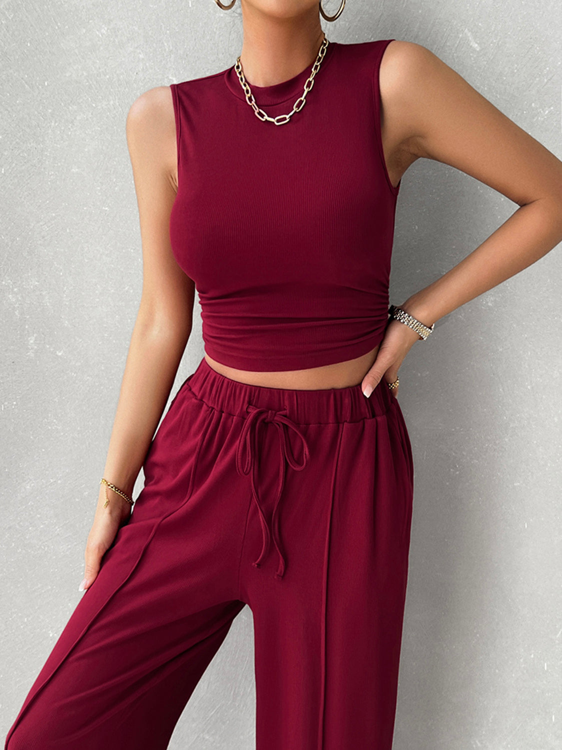 Devine Mock Neck Sleeveless Top and Drawstring Pants Set - Celeste    