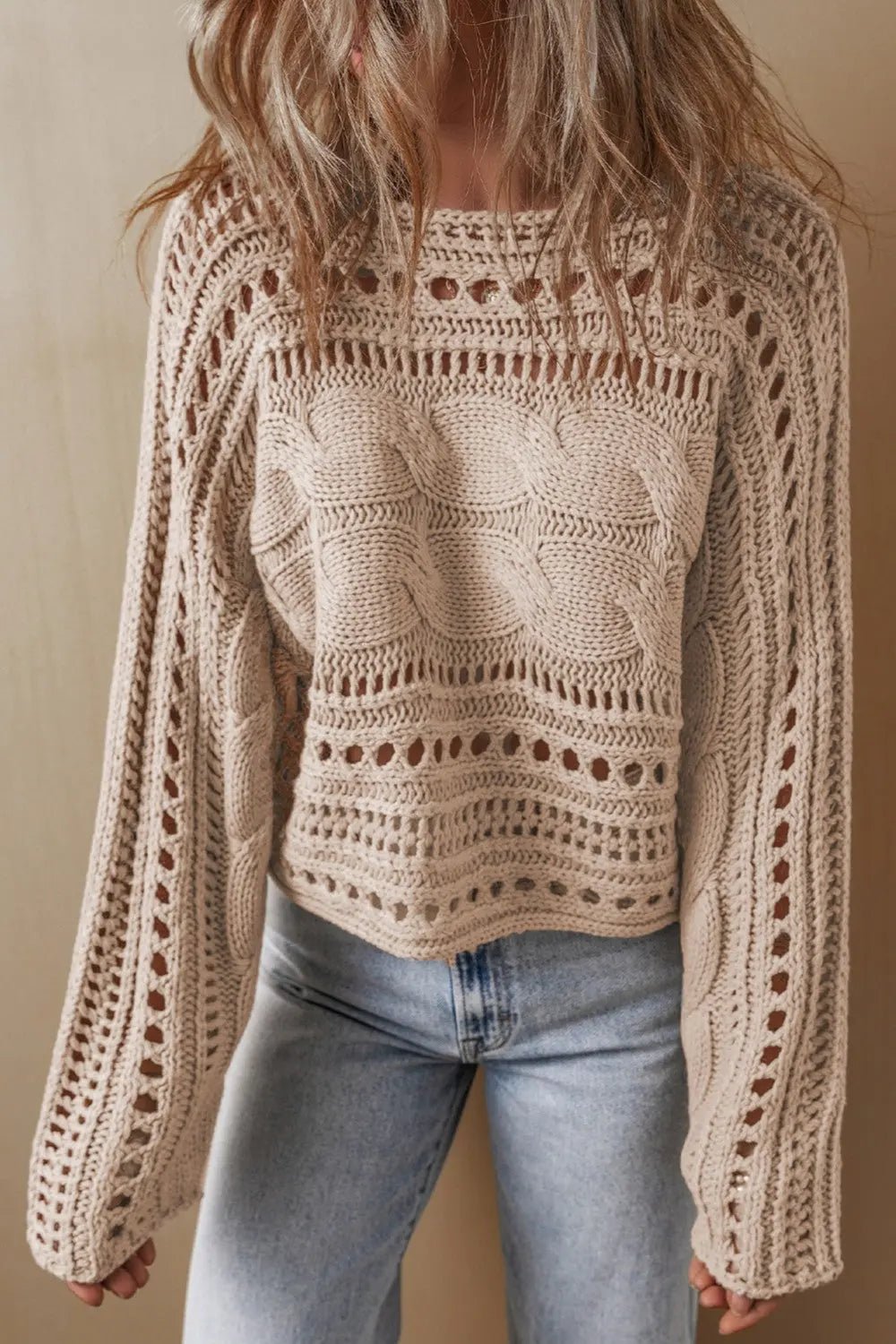 Cable - Knit Openwork Long Sleeve Sweater - Celeste