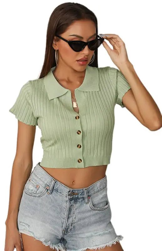 Casual Slim Knit Short Sleeve Top - Celeste