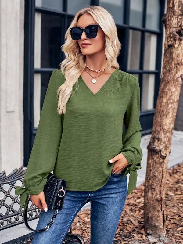 Casual V Neck Long Sleeve Slim Top - Celeste