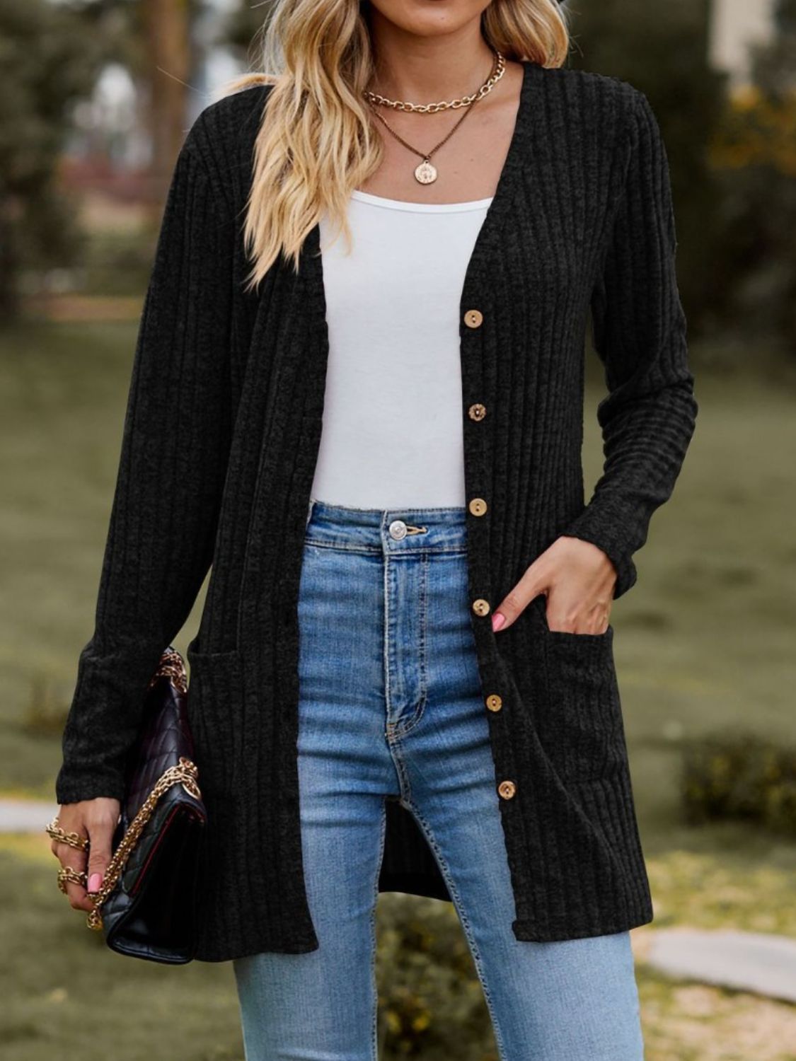 Ribbed Button Up Long Sleeve Cardigan - Celeste    