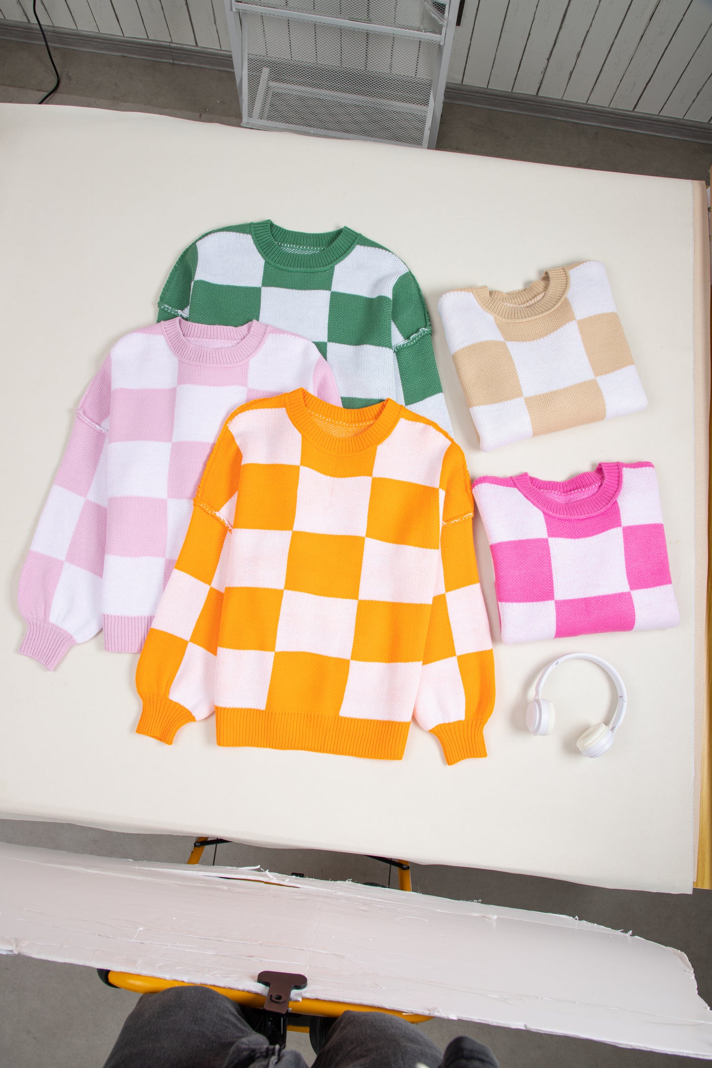 Orange Checkered Bishop Sleeve Sweater - Celeste  Sweaters & Cardigans/Sweaters  