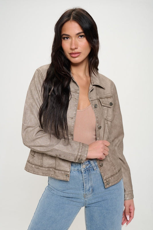 Coalition LA Button Down Cargo Vegan Leather Shacket - Celeste