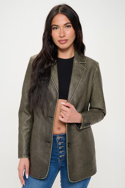 Coalition LA Single-Breasted Vegan Leather Blazer - Celeste    