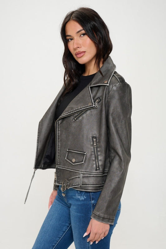 Coalition LA Zip Up Biker Jacket with Belt - Celeste