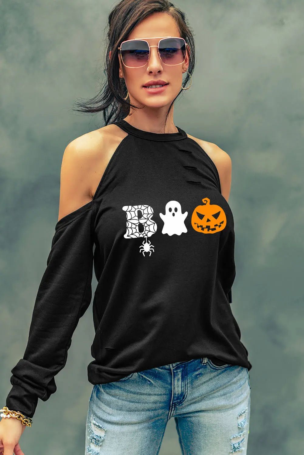 Cold Shoulder Boo Graphic Distressed Blouse - Celeste