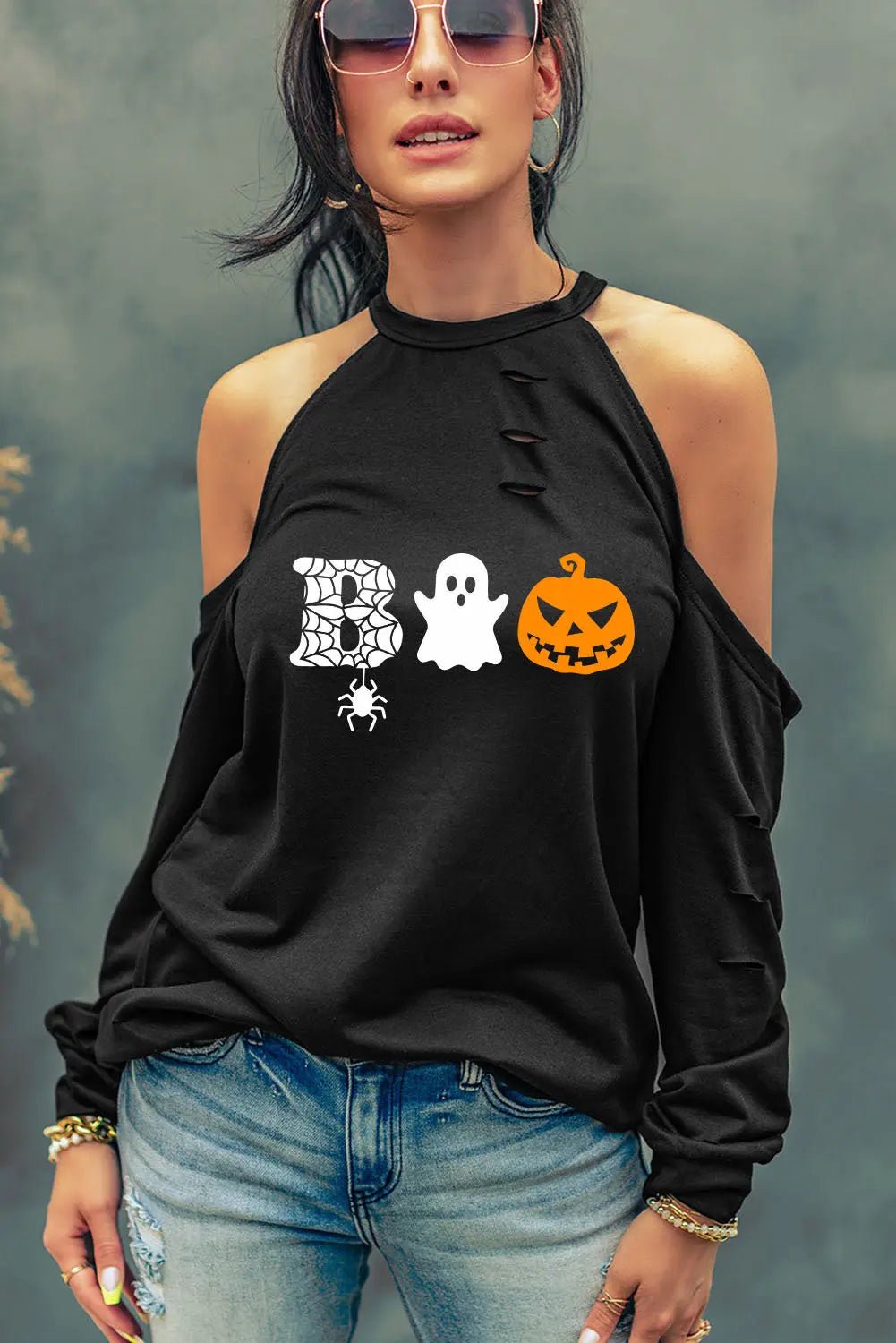 Cold Shoulder Boo Graphic Distressed Blouse - Celeste