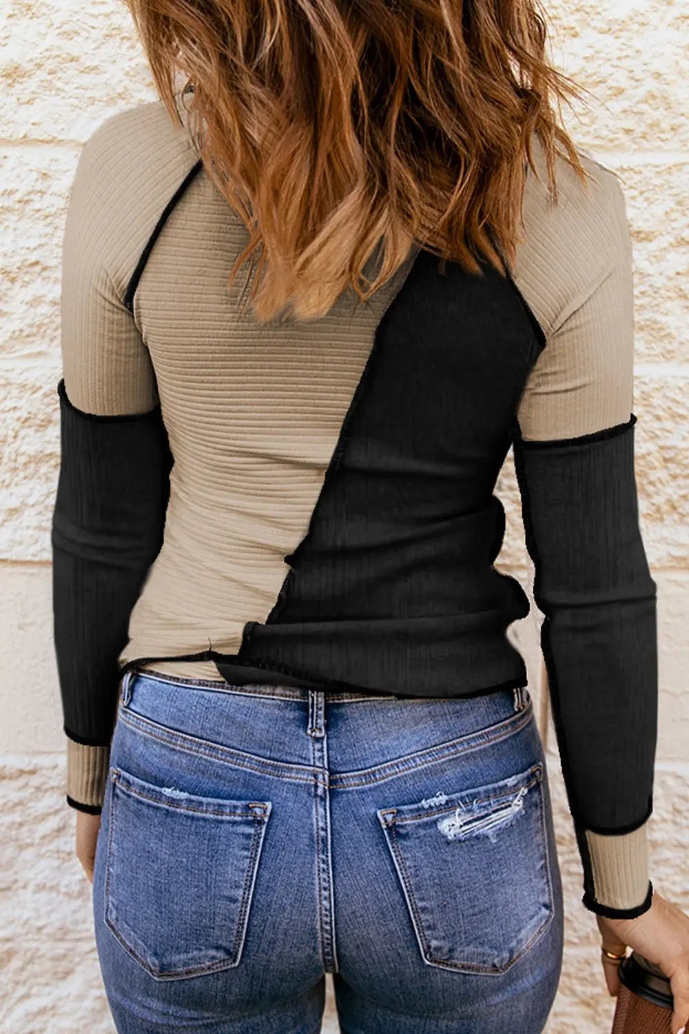 Color Block Round Neck Long Sleeve T - Shirt - Celeste