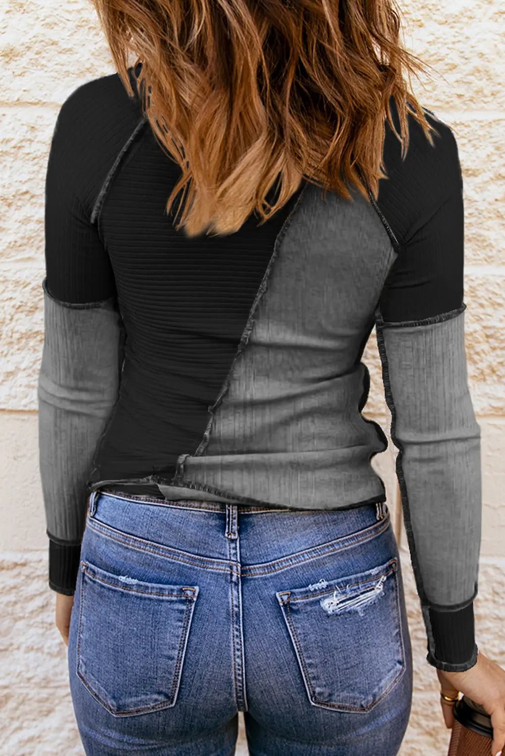 Color Block Round Neck Long Sleeve T - Shirt - Celeste