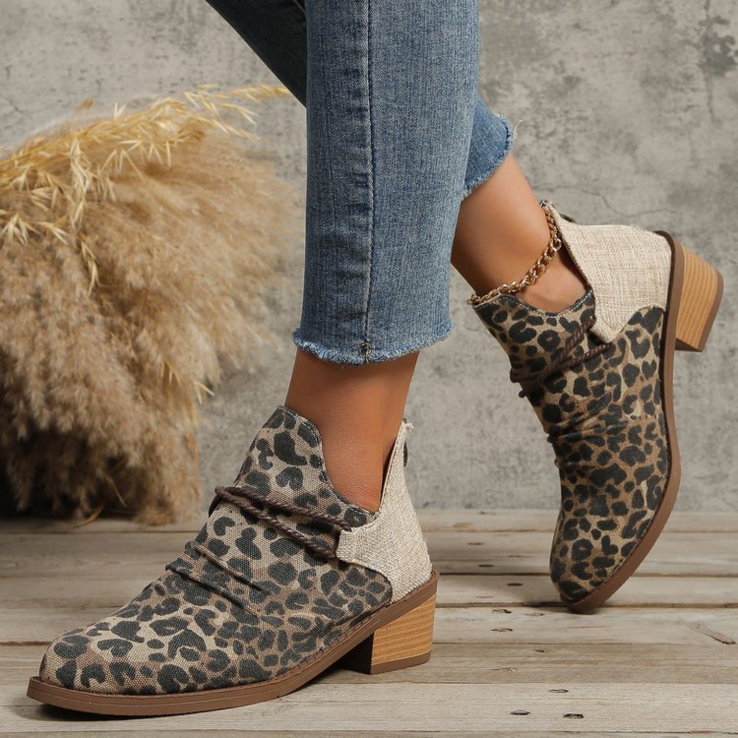 Contrast Canvas Low Heel Boots - Celeste