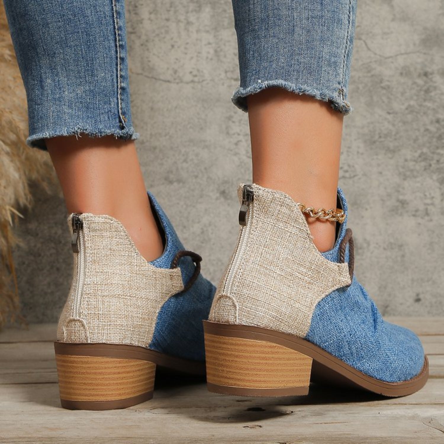 Contrast Canvas Low Heel Boots - Celeste