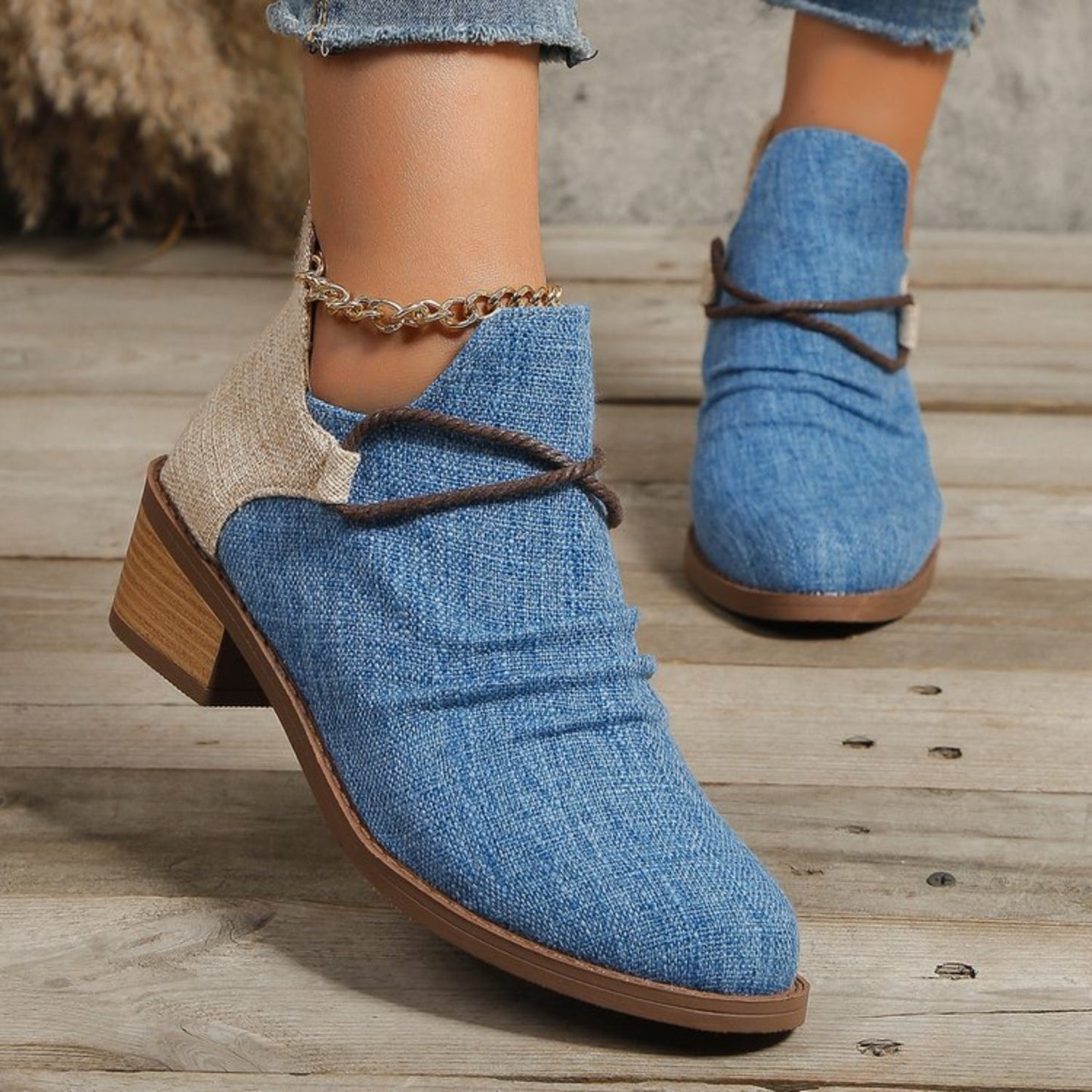 Contrast Canvas Low Heel Boots - Celeste