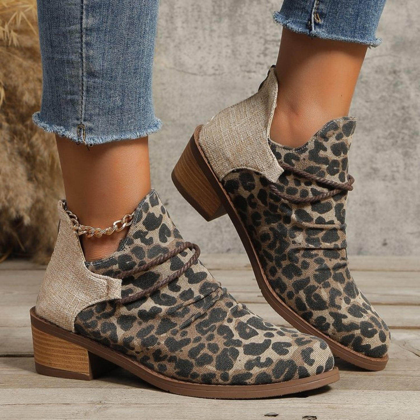 Contrast Canvas Low Heel Boots - Celeste