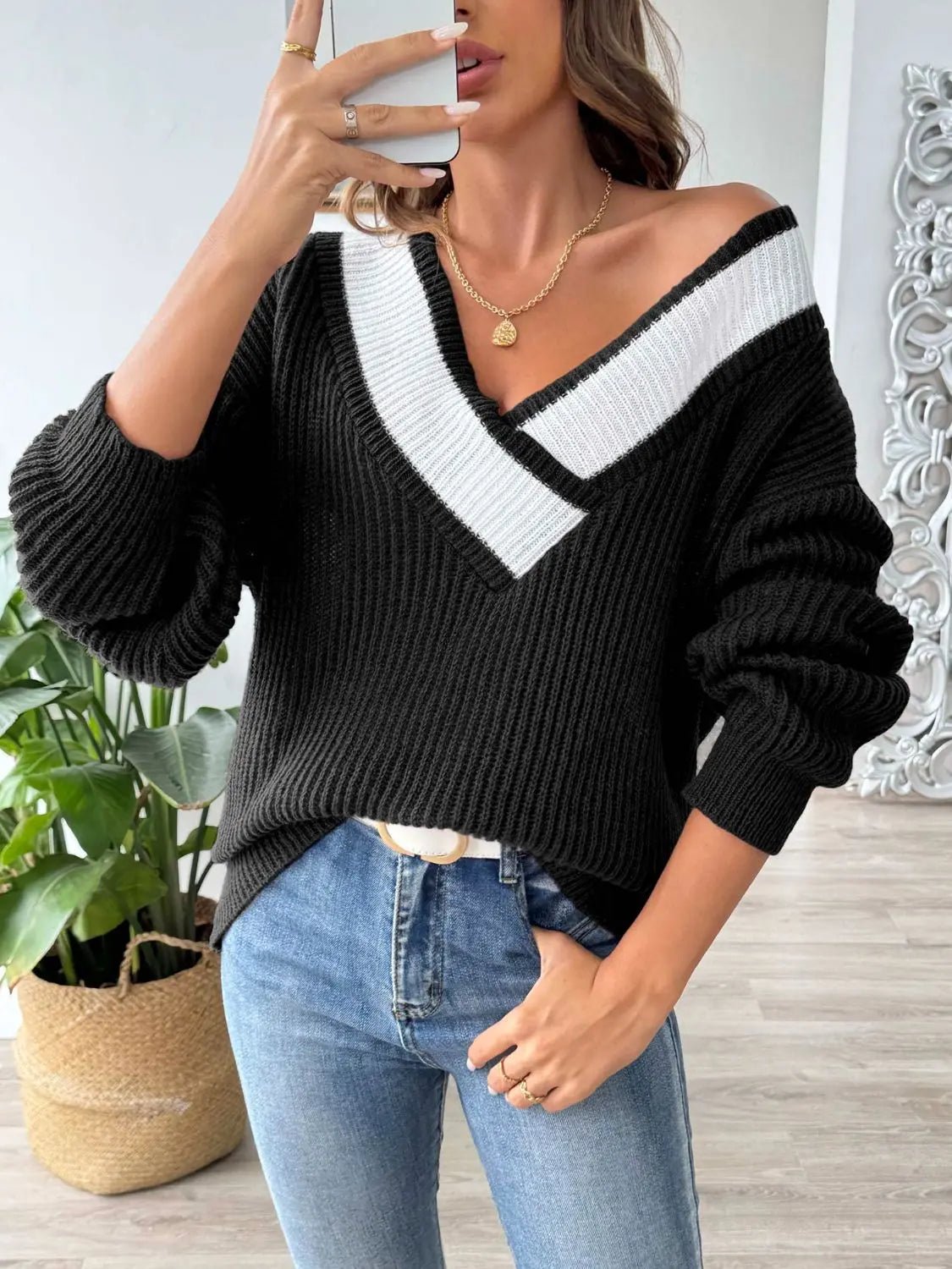 Contrast Dropped Shoulder Long Sleeve Sweater - Celeste