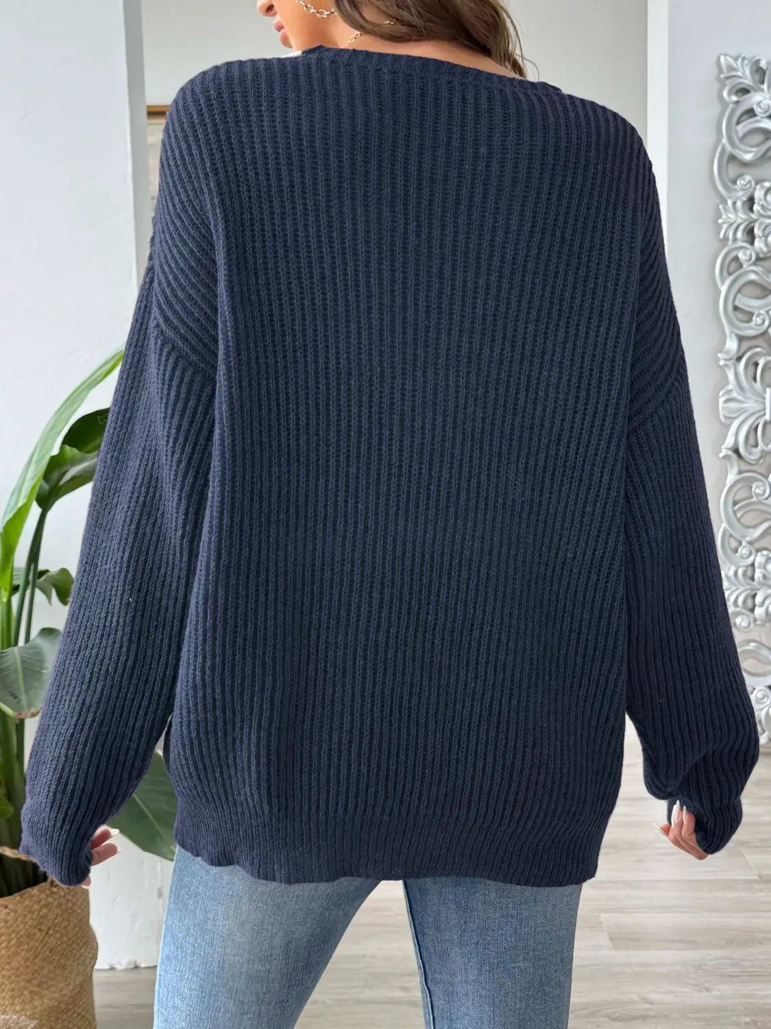 Contrast Dropped Shoulder Long Sleeve Sweater - Celeste