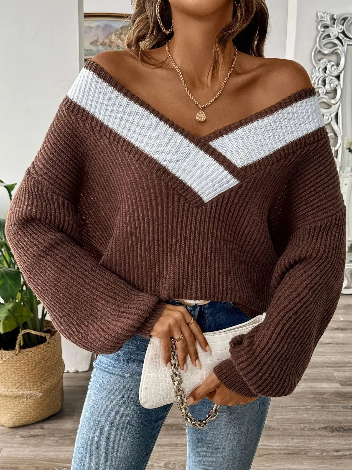 Contrast Dropped Shoulder Long Sleeve Sweater - Celeste