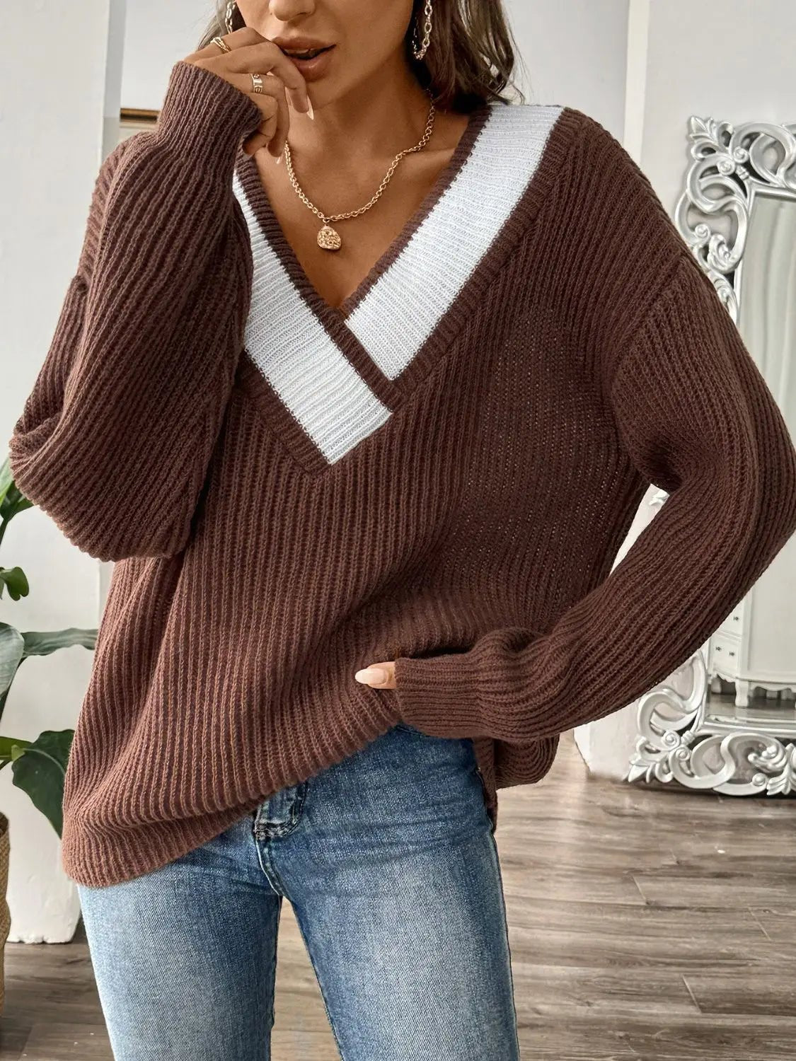 Contrast Dropped Shoulder Long Sleeve Sweater - Celeste