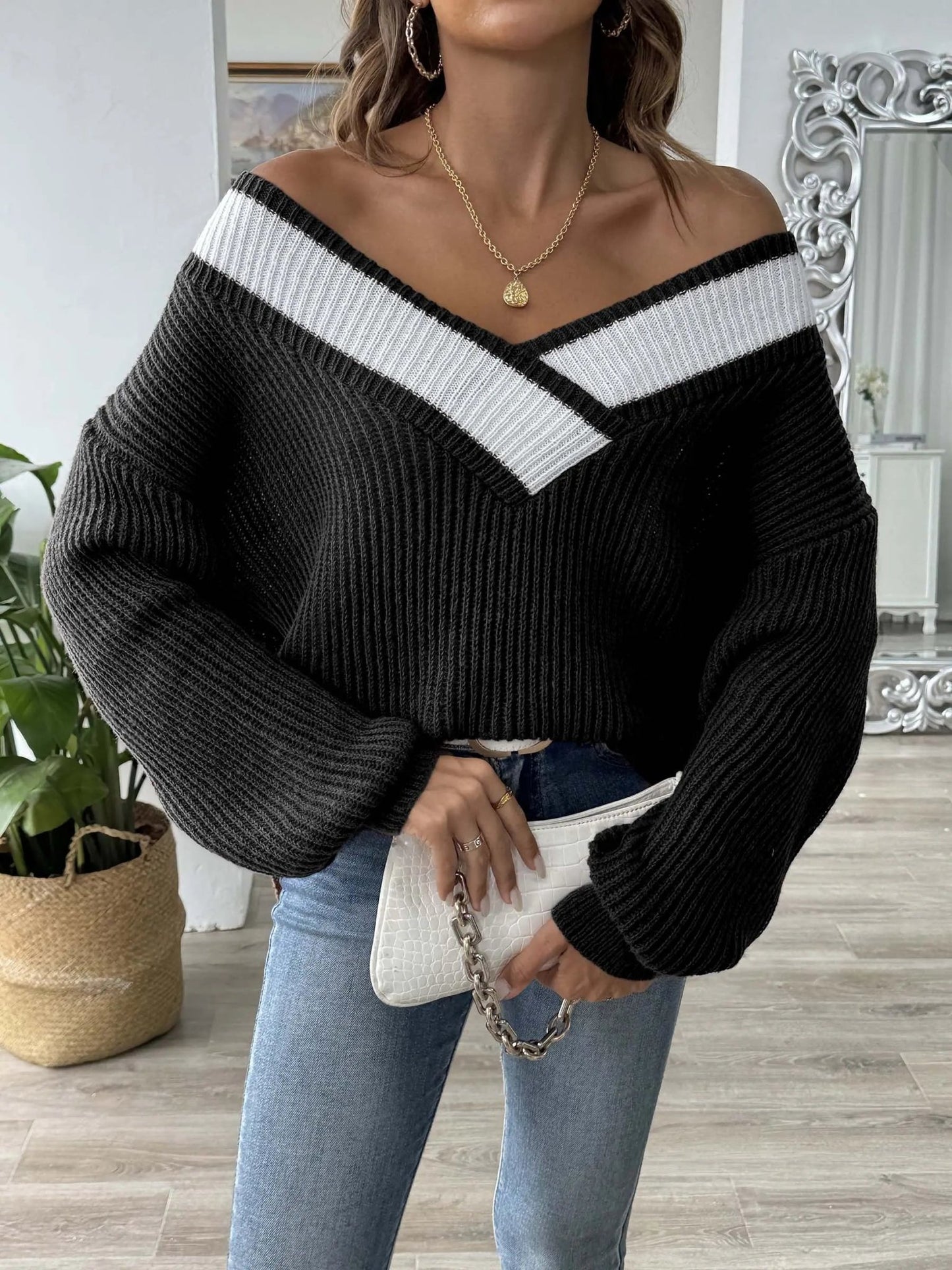 Contrast Dropped Shoulder Long Sleeve Sweater - Celeste