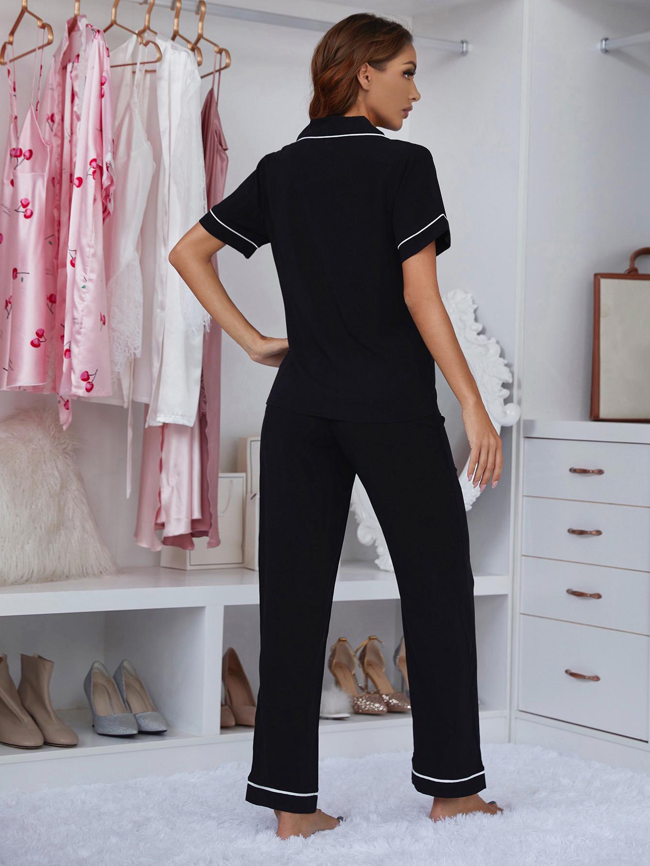 Contrast Piping Lapel Collar Short Sleeve Top and Pants Pajama Set - Celeste