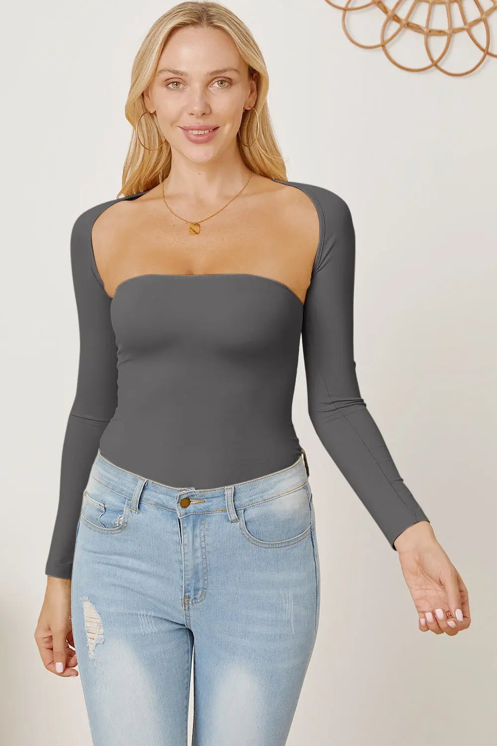 Cutout Raglan Sleeve Bolero and Tube Top - Celeste