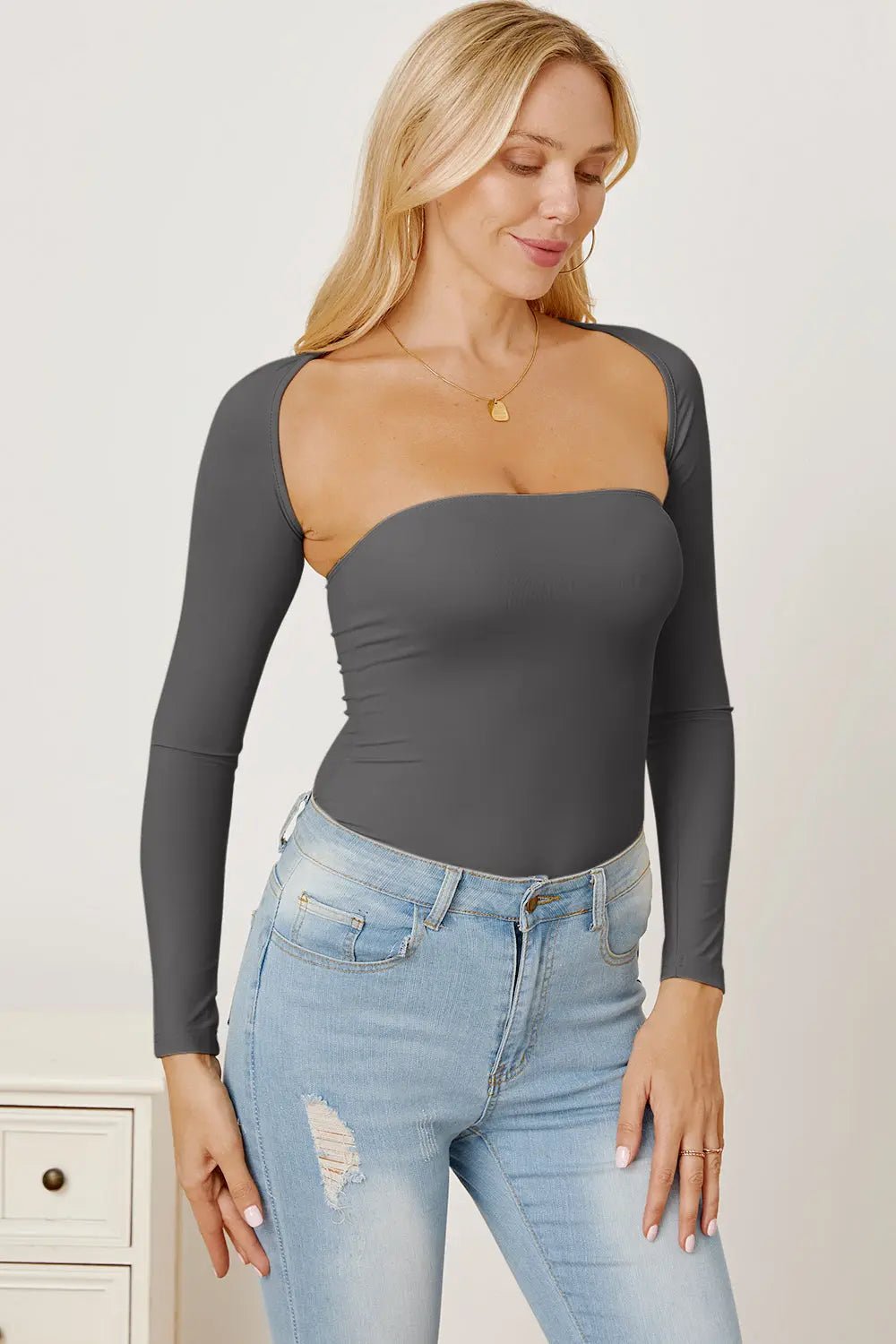 Cutout Raglan Sleeve Bolero and Tube Top - Celeste