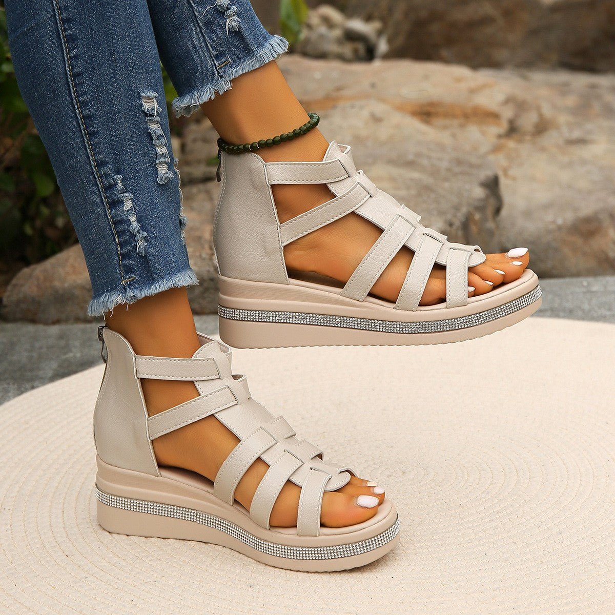 Cutout Rhinestone Trim Wedge Sandals - Celeste