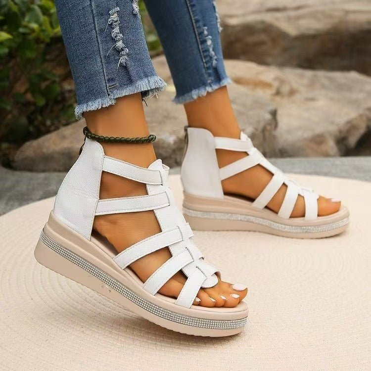 Cutout Rhinestone Trim Wedge Sandals - Celeste