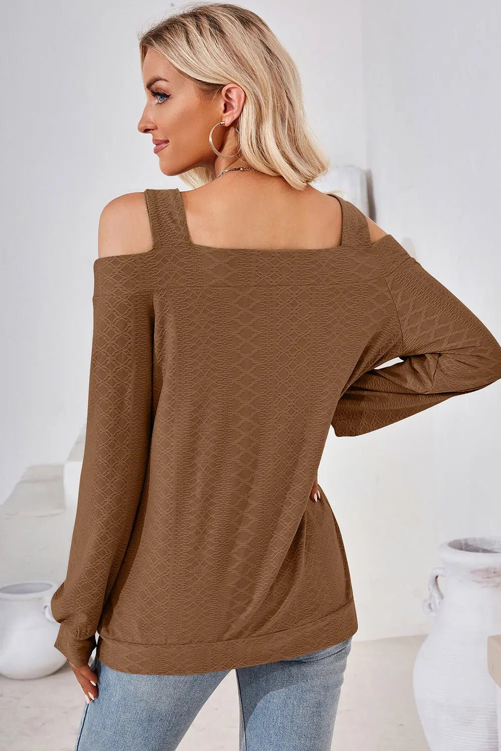 Cutout Square Neck Cold Shoulder T - Shirt - Celeste