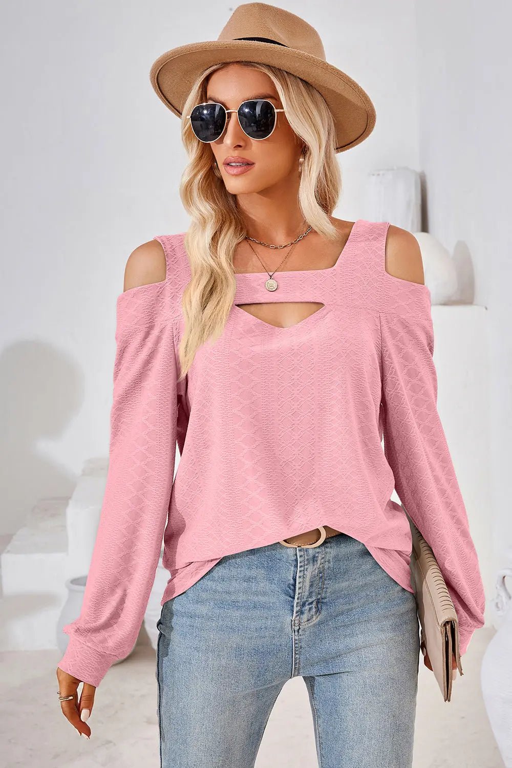 Cutout Square Neck Cold Shoulder T - Shirt - Celeste