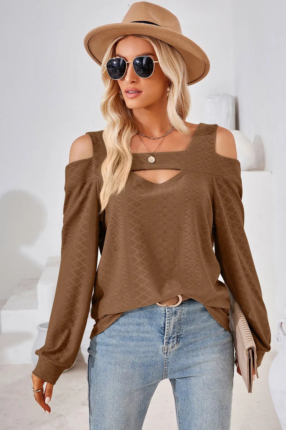 Cutout Square Neck Cold Shoulder T - Shirt - Celeste