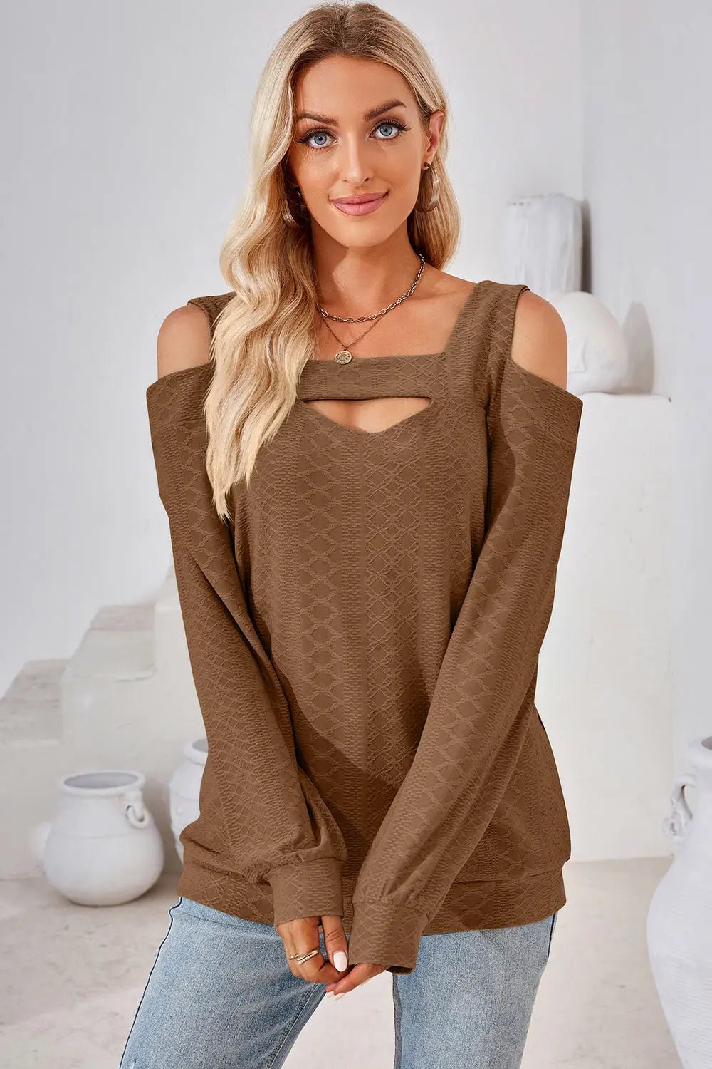 Cutout Square Neck Cold Shoulder T - Shirt - Celeste