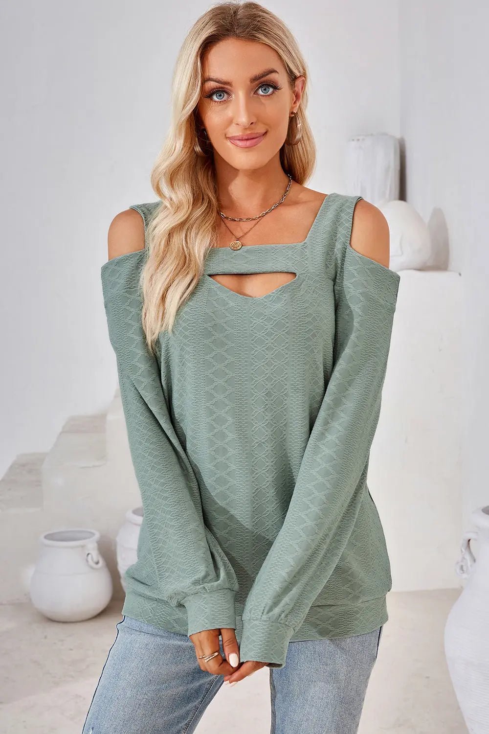 Cutout Square Neck Cold Shoulder T - Shirt - Celeste