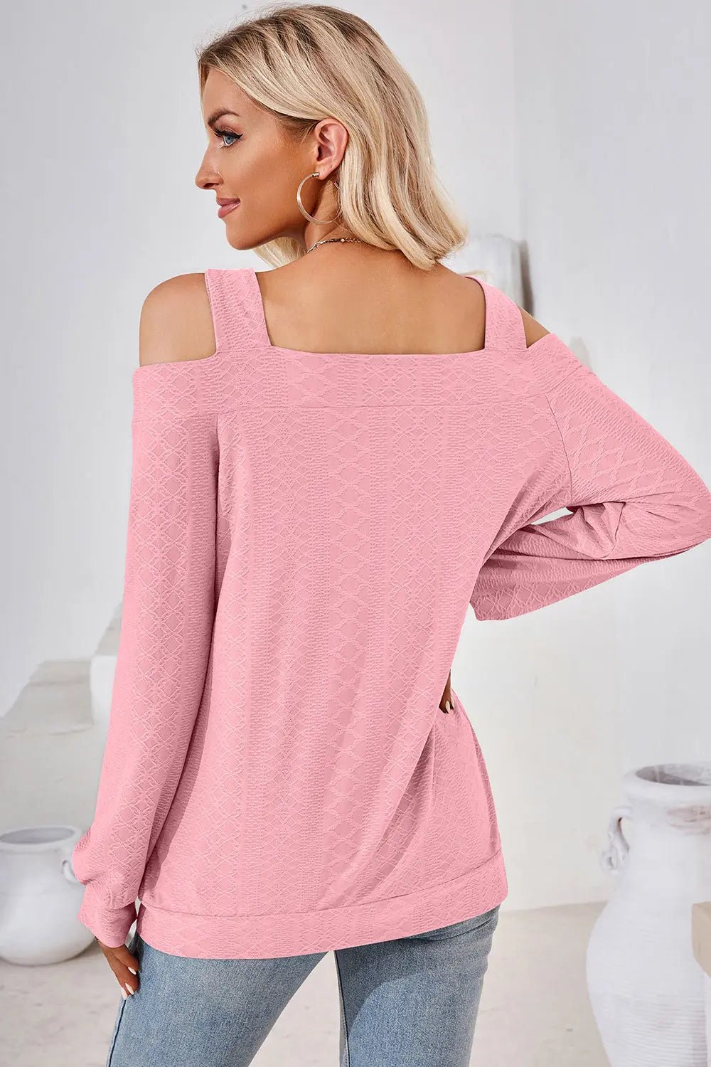 Cutout Square Neck Cold Shoulder T - Shirt - Celeste