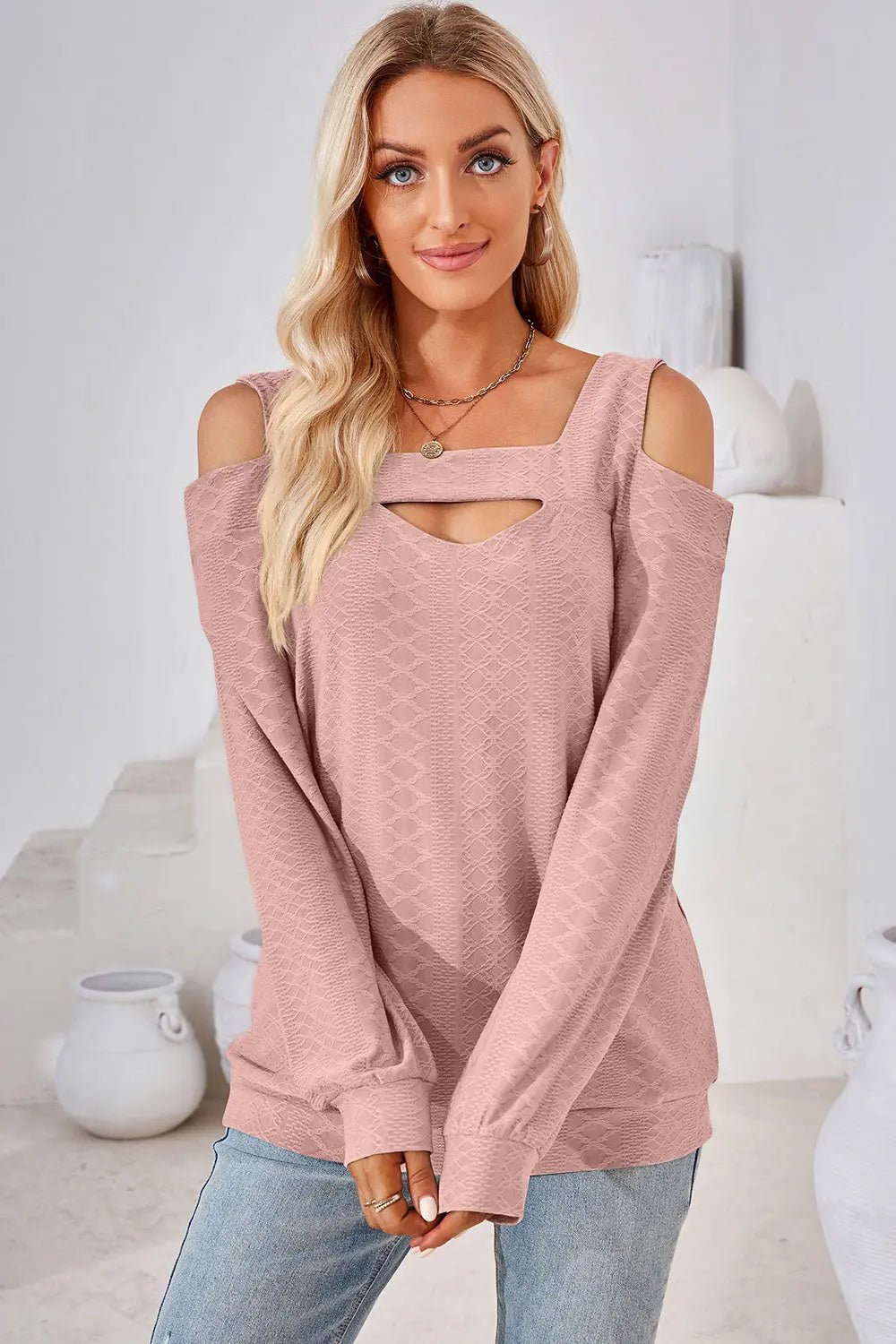 Cutout Square Neck Cold Shoulder T - Shirt - Celeste