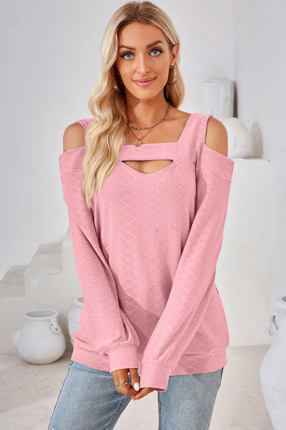 Cutout Square Neck Cold Shoulder T - Shirt - Celeste