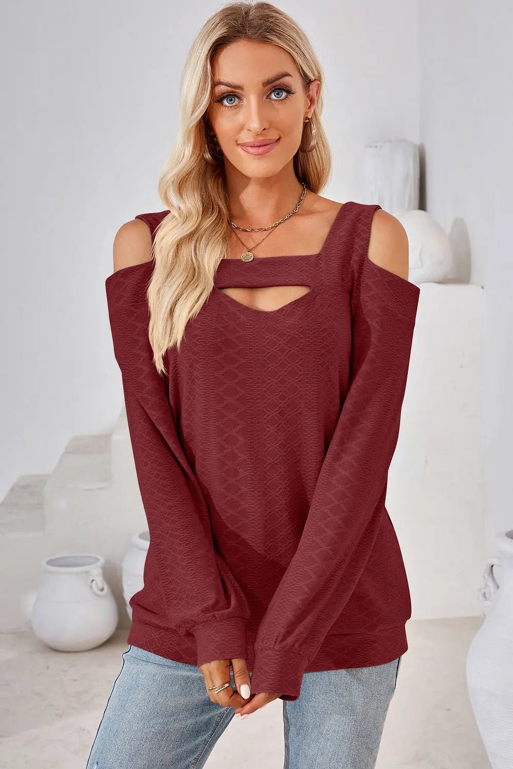 Cutout Square Neck Cold Shoulder T - Shirt - Celeste