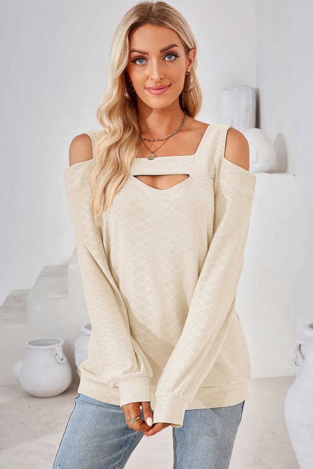 Cutout Square Neck Cold Shoulder T - Shirt - Celeste