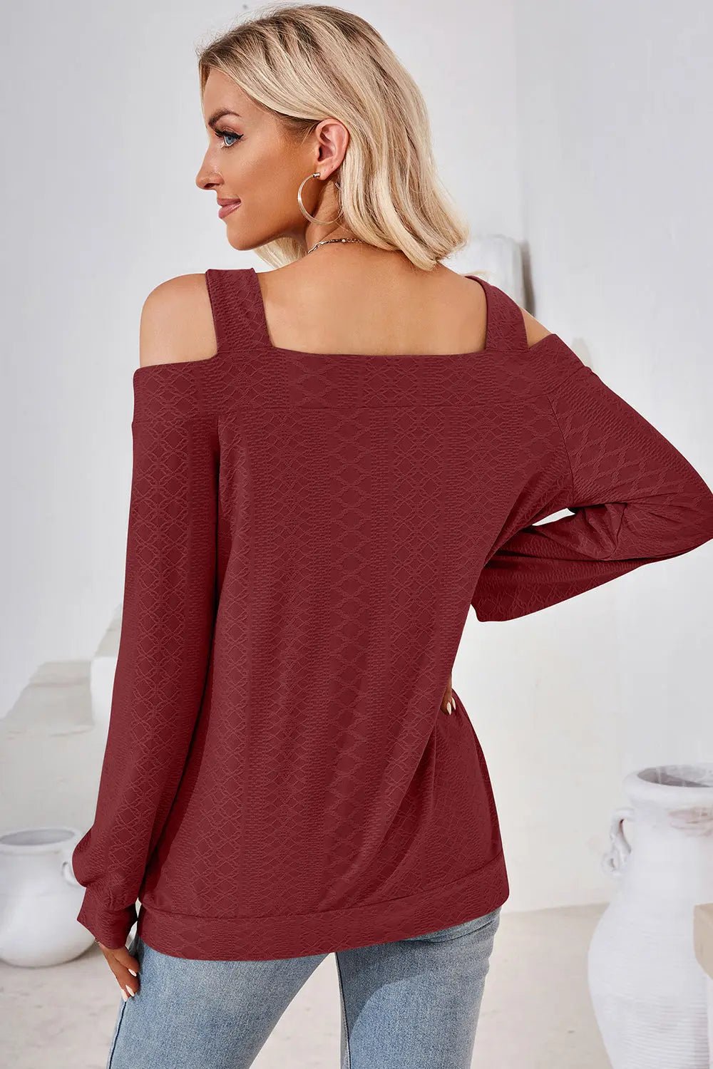 Cutout Square Neck Cold Shoulder T - Shirt - Celeste