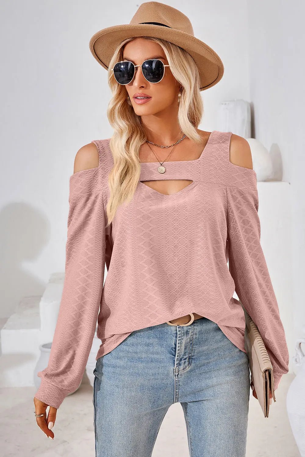 Cutout Square Neck Cold Shoulder T - Shirt - Celeste