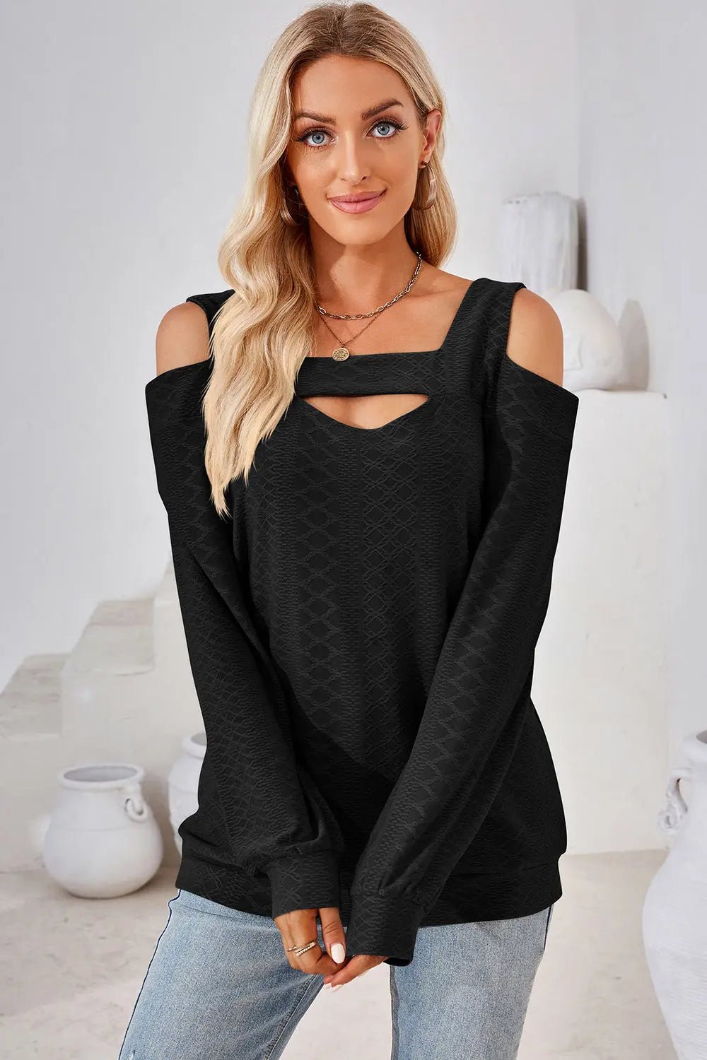 Cutout Square Neck Cold Shoulder T - Shirt - Celeste