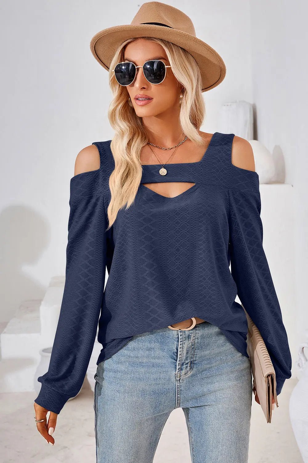 Cutout Square Neck Cold Shoulder T - Shirt - Celeste