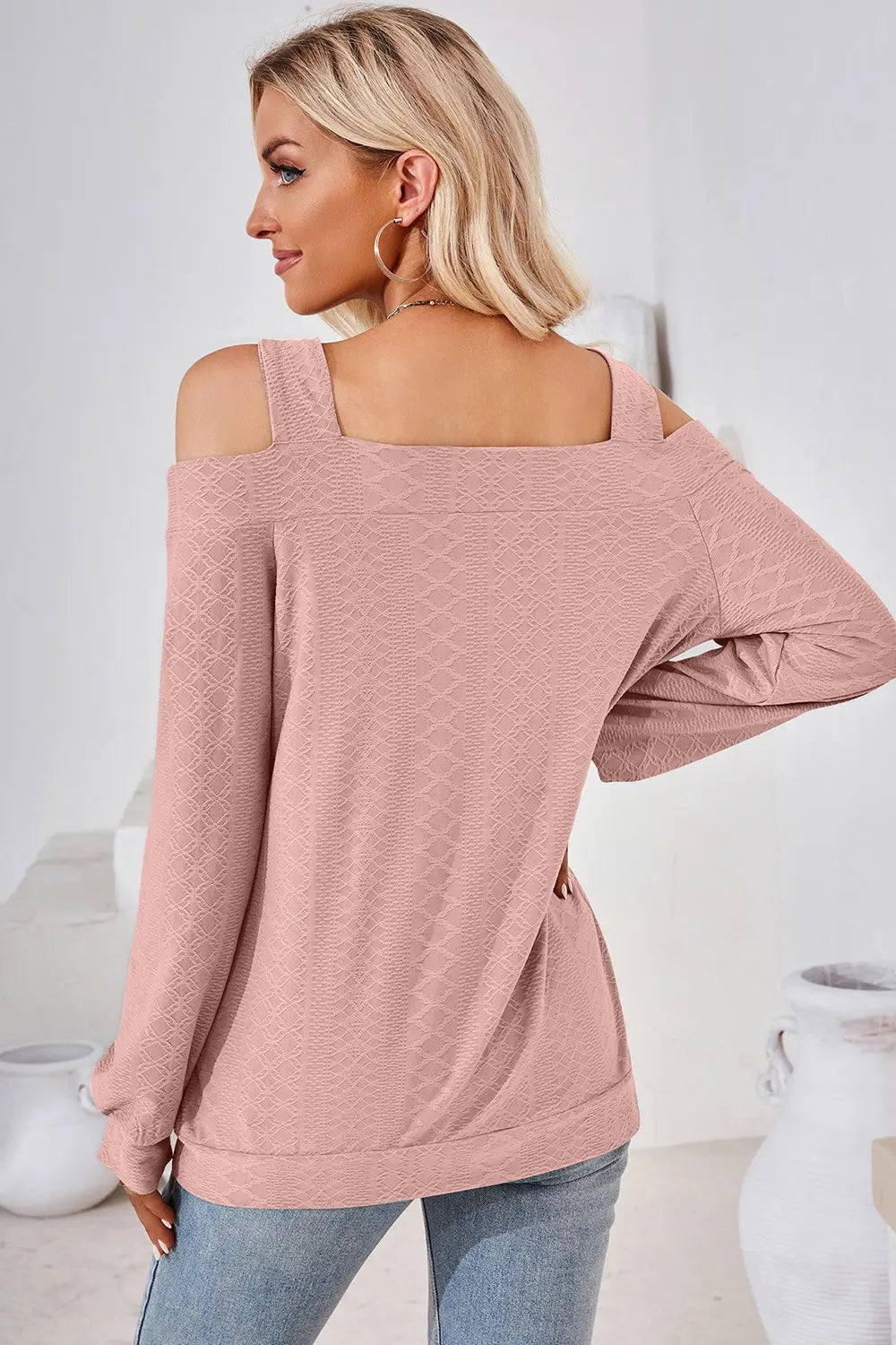 Cutout Square Neck Cold Shoulder T - Shirt - Celeste