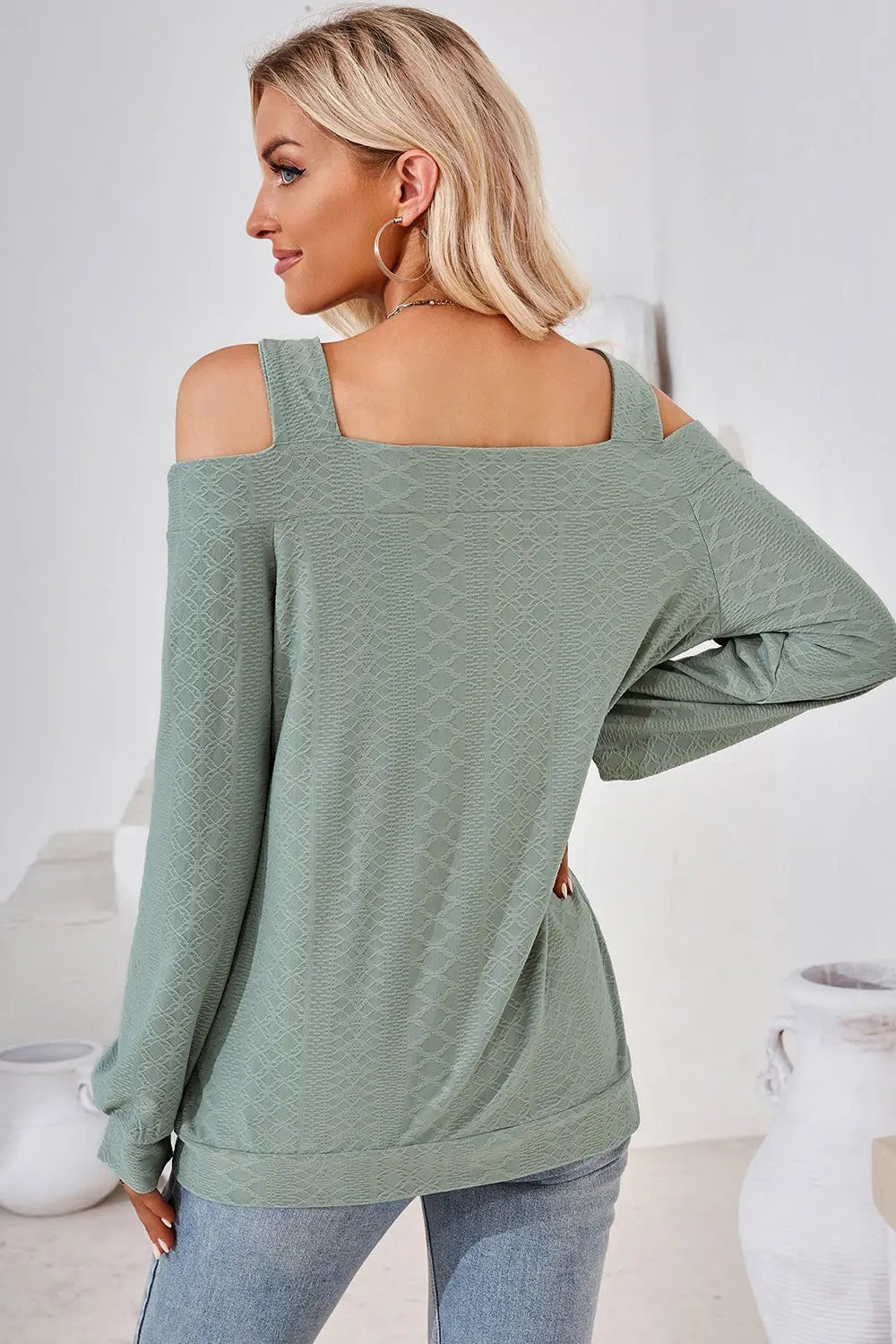 Cutout Square Neck Cold Shoulder T - Shirt - Celeste