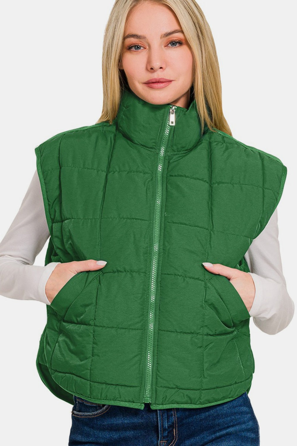 Zenana Zip Up Cropped Puffer Vest with Pockets - Celeste    