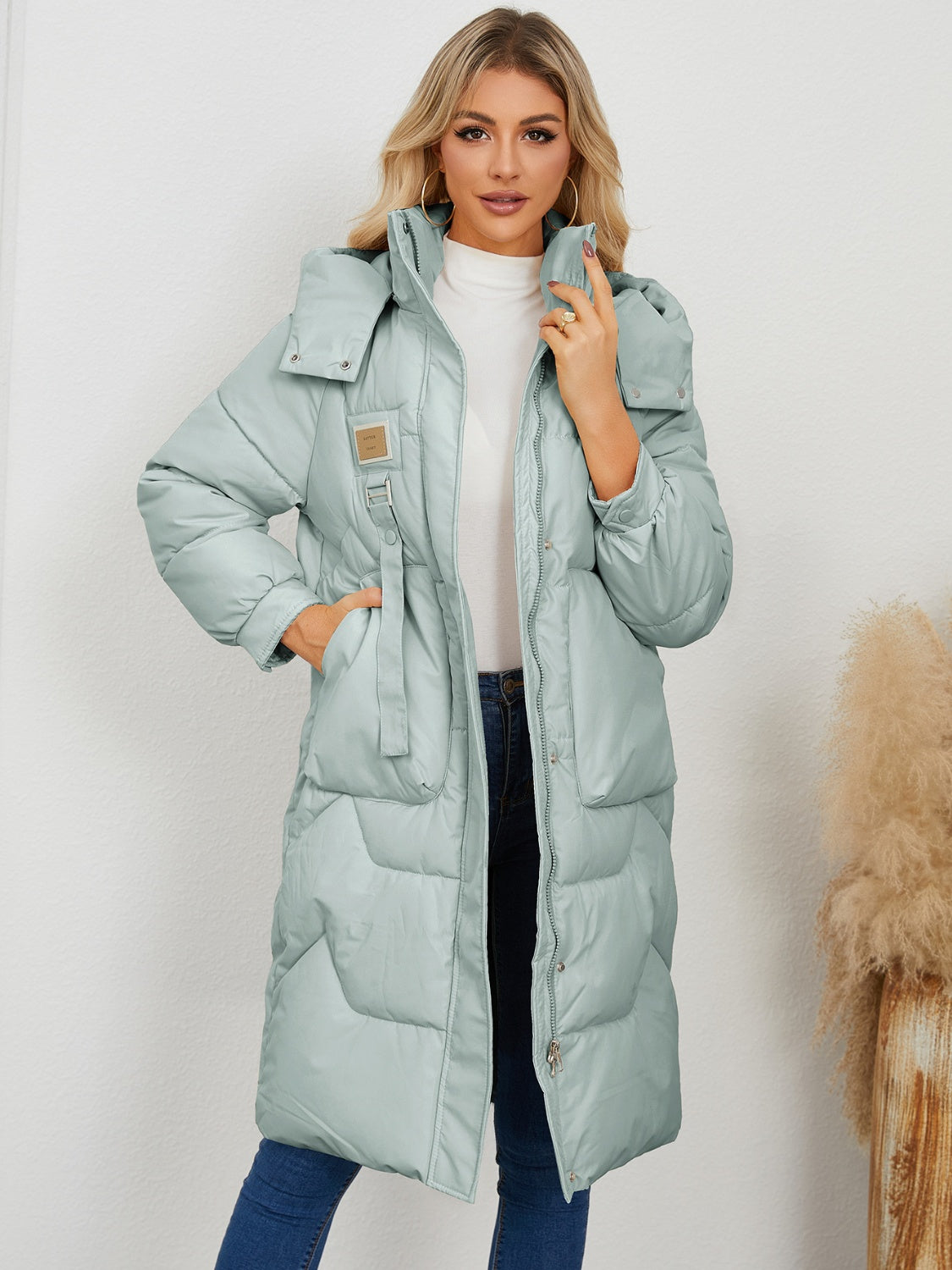 Long Sleeve Longline Hooded Winter Coat - Celeste    