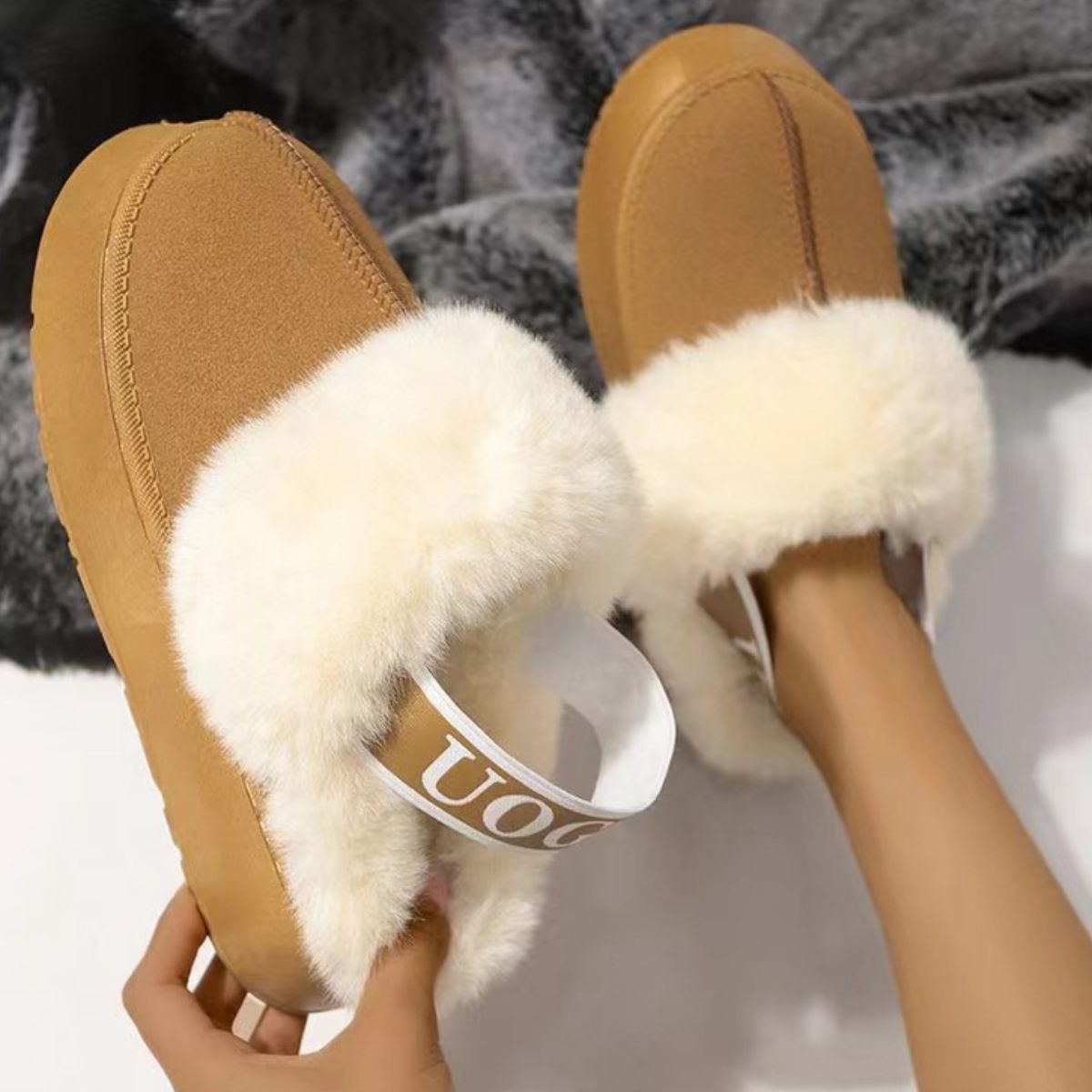 Plush Platform Slippers with Letter Strap - Celeste    