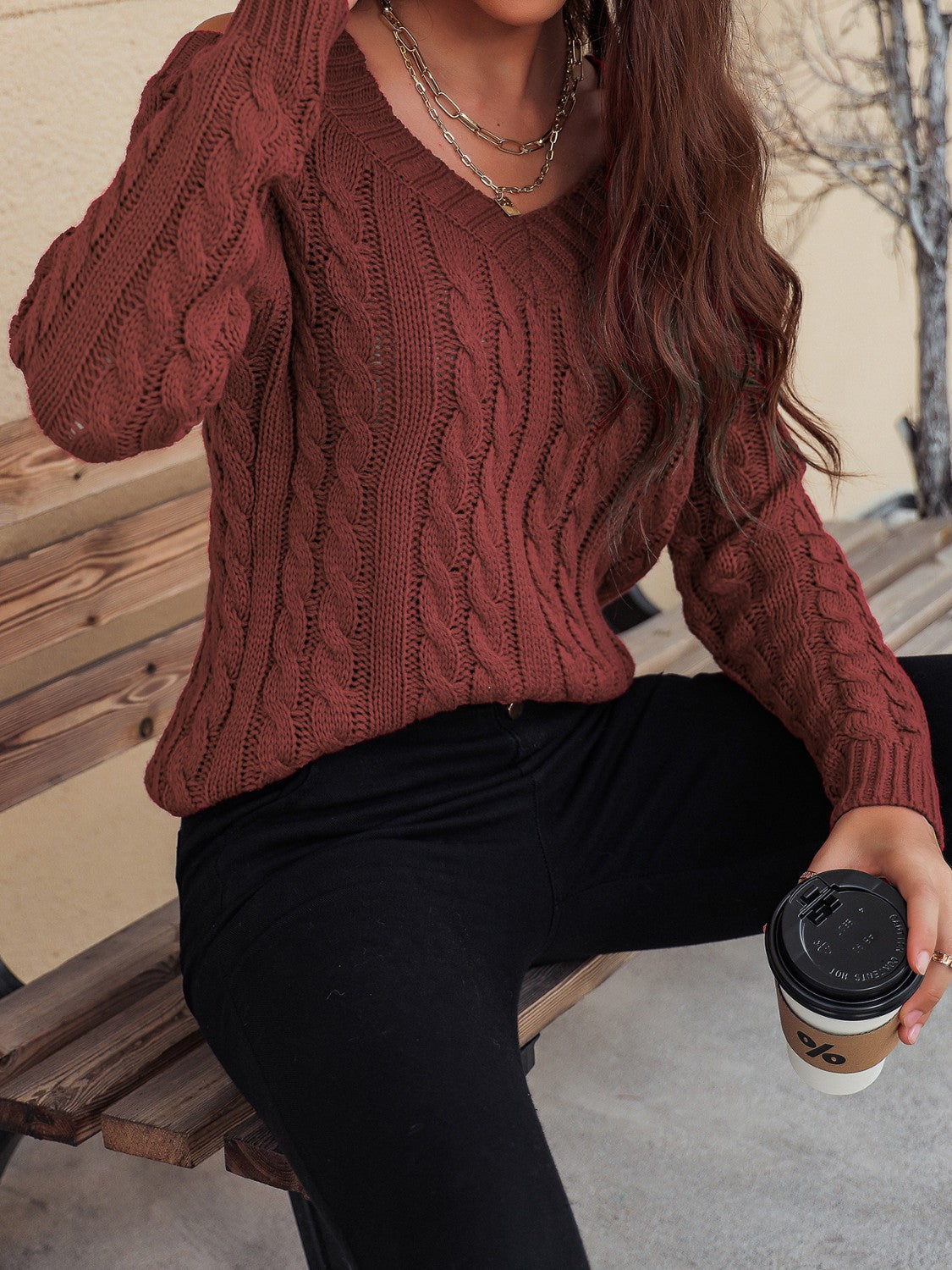 Honey Cable-Knit V-Neck Cold Shoulder Sweater - Celeste    