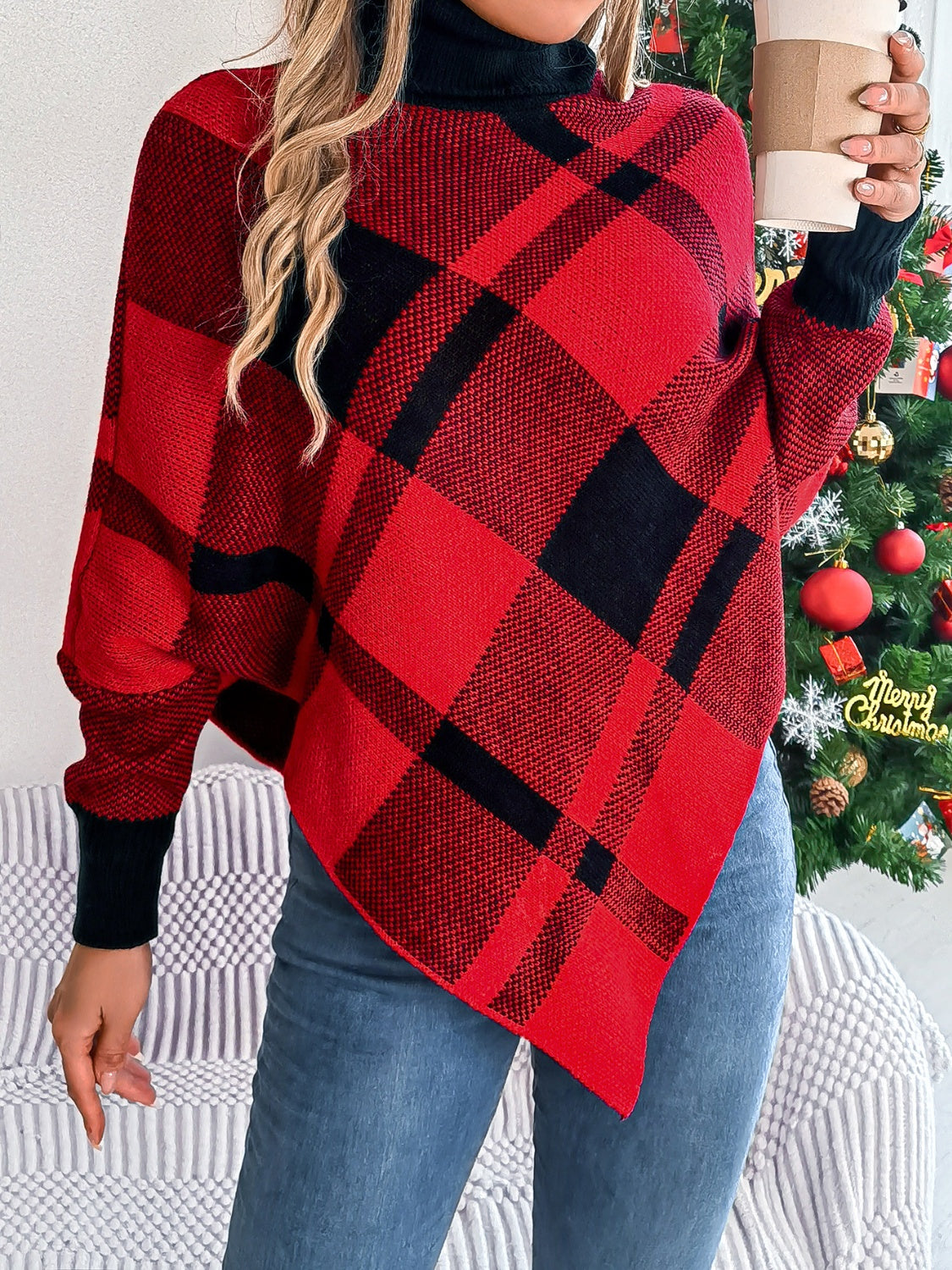 Plaid Turtleneck Batwing Sleeve Sweater - Celeste    