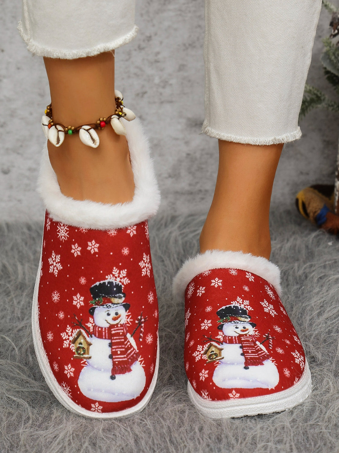 Snowman Print Flat Slippers with Faux Fur - Celeste    